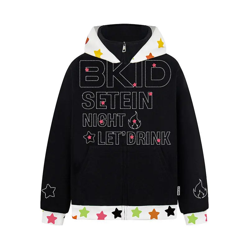 Patchwork Hooded Zip-Up Sweatshirt Loose Casual Outerwear Top eprolo