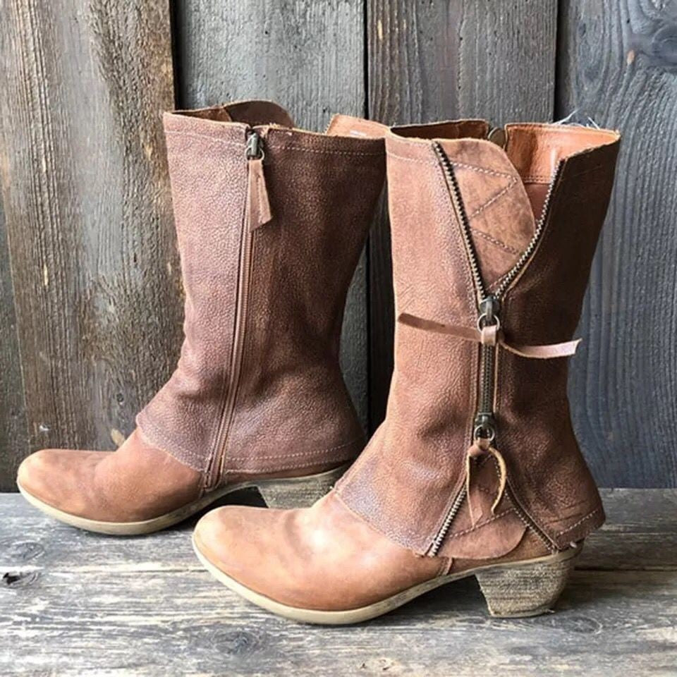Side zipper thick heel mid leg knight boots for women retro round toe mid heel thin leather boots eprolo