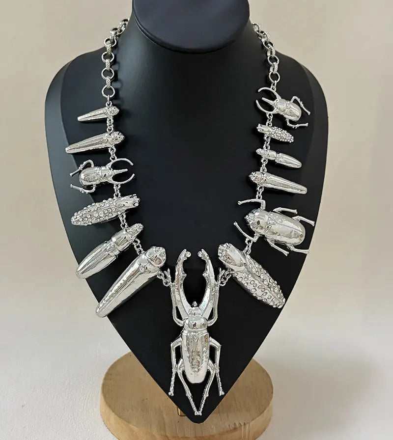 Heavy-Duty Exaggerated Hammered Texture Sparkling Rhinestone Insect Series Statement Choker Necklace eprolo