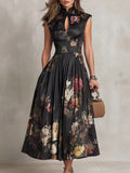 Sleeveless black digital printed long skirt eprolo
