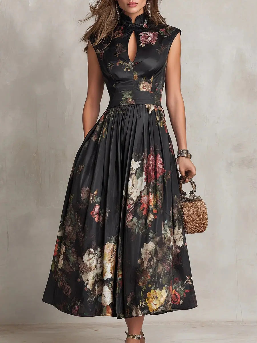 Sleeveless black digital printed long skirt eprolo