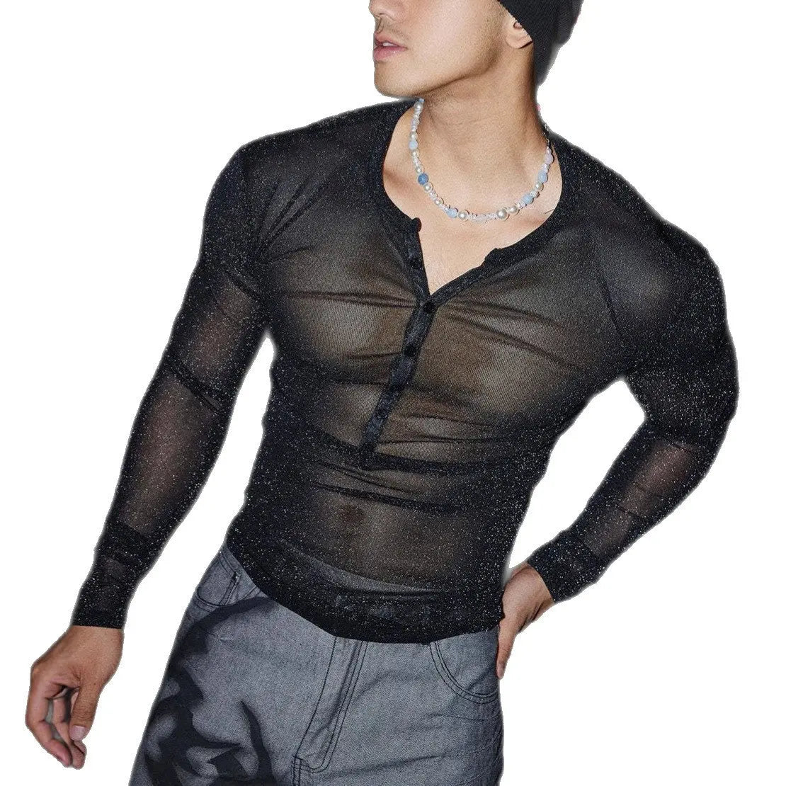 Sexy Rhinestone Mesh Men's Semi-Transparent Top, Street Fashion Nightclub Style Buttoned Round Neck T-Shirt eprolo
