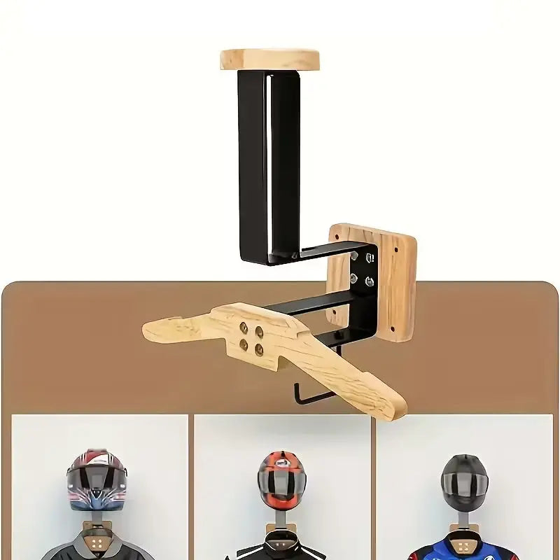 Wooden Motorcycle Helmet Wall Hanger - Stainless Steel Wall Mount for Storing Tactical Gear & Bike Accessories eprolo