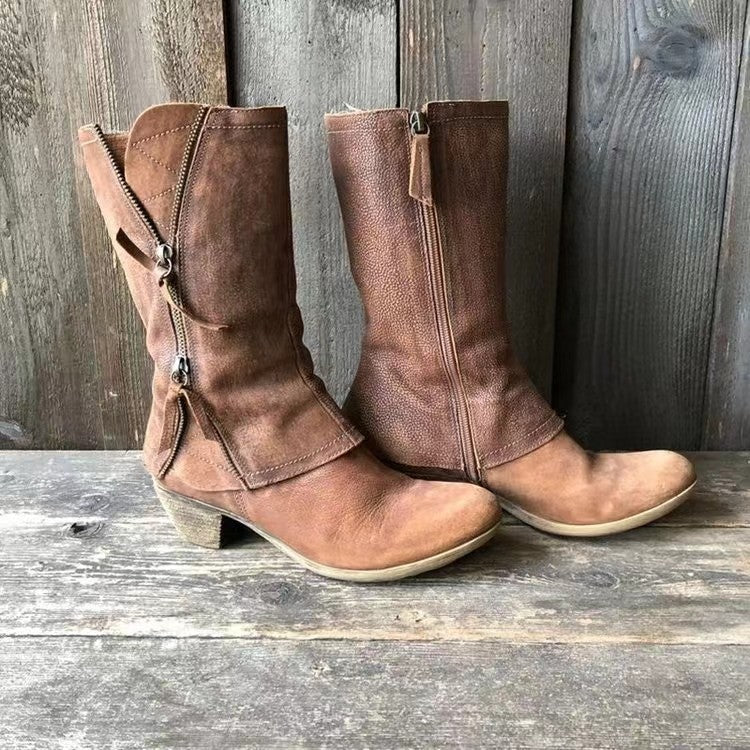 Side zipper thick heel mid leg knight boots for women retro round toe mid heel thin leather boots eprolo