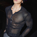 Sexy Rhinestone Mesh Men's Semi-Transparent Top, Street Fashion Nightclub Style Buttoned Round Neck T-Shirt eprolo