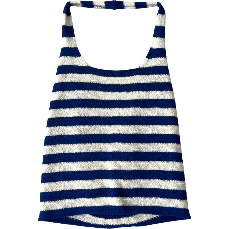 Blue and White Stripe Crop Top for Women, Knit Halter Neck Sleeveless Vest eprolo