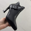 Faux Leather Pointed Toe High Heel Ankle Boots with Buckle Detail for Women eprolo