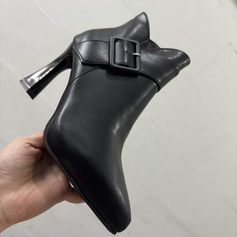Faux Leather Pointed Toe High Heel Ankle Boots with Buckle Detail for Women eprolo