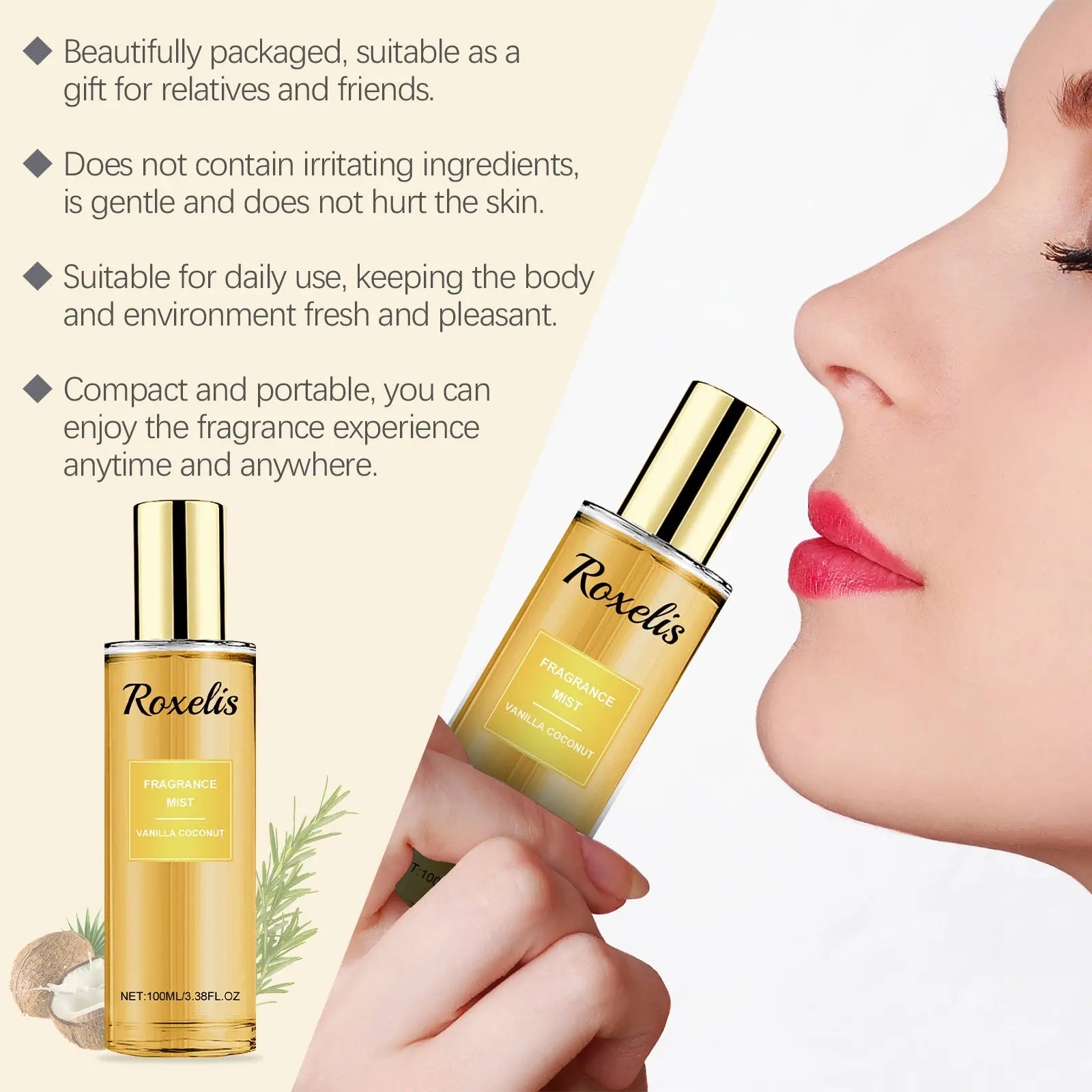 Roxelis Vanilla Coconut Fragrance Spray Long Lasting Fragrance Refreshing Body Spray Floral Fruit Fragrance Refreshing Body Fragrance eprolo