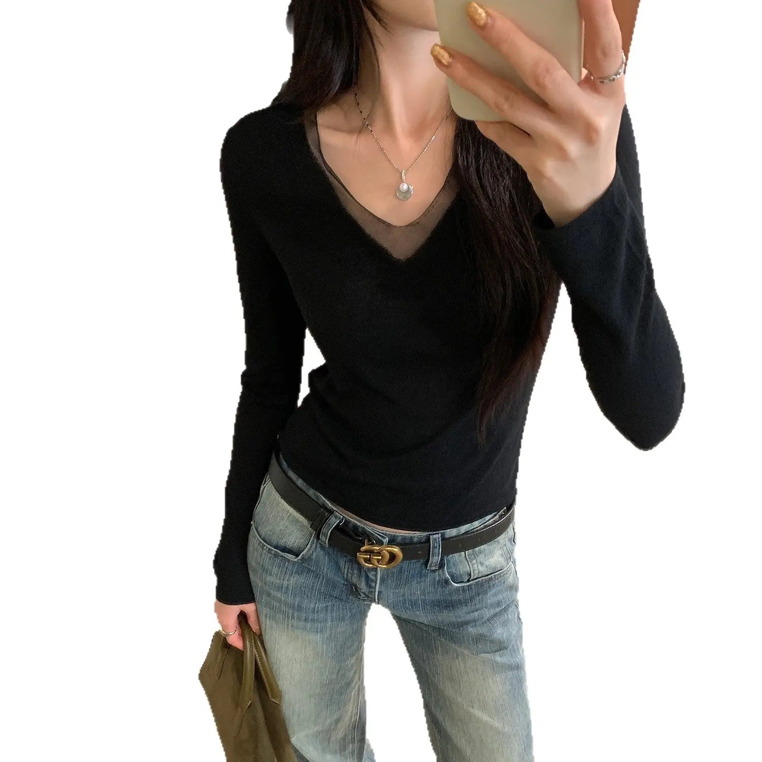 Mesh Spliced White V-Neck Slim Fit Inner Knit Sweater Top eprolo