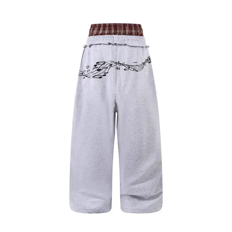Double Waistband Design Spring Casual Wide Leg Pants with Music Note Graffiti Loose Fit My Store