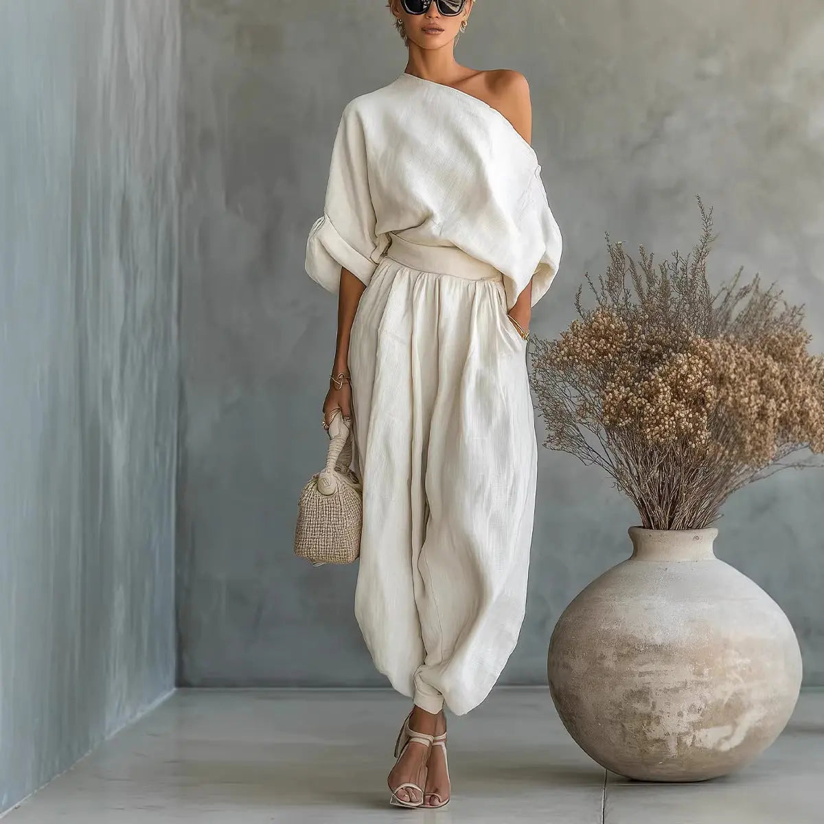 Loose wide leg casual loose top lantern pants cotton and linen eprolo