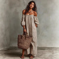 Shoulder revealing long sleeved dress with stripes eprolo