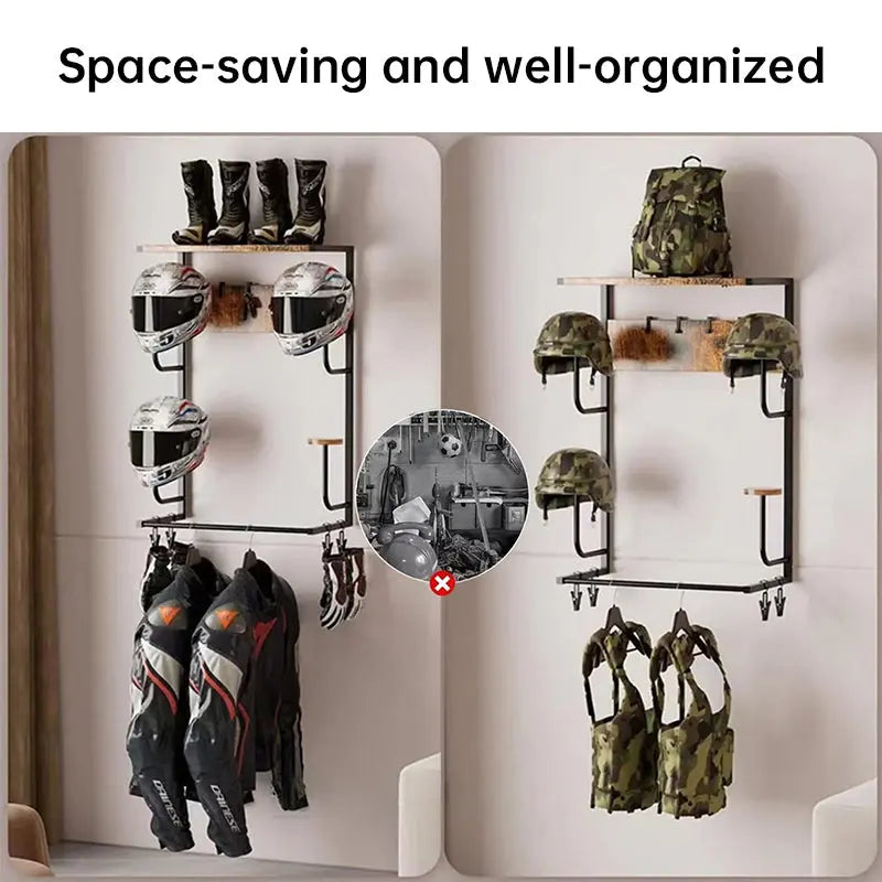 Wooden Motorcycle Helmet Wall Mount, 4 Hat Racks with 4 Helmet Hooks, Wall Display Storage for Bike Gear eprolo