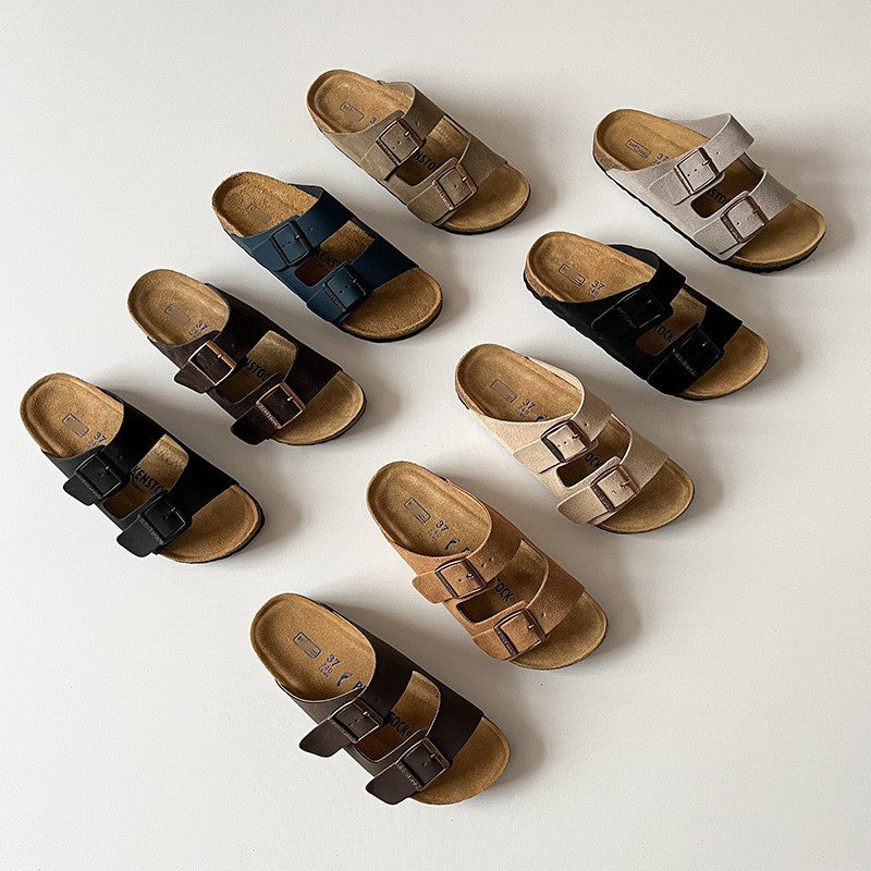 Leather flat bottomed Buchen slippers for women's doubles with button up two character slippers eprolo