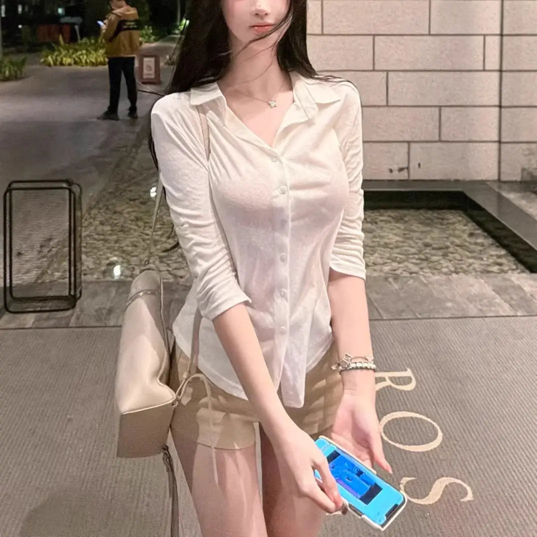 Snow Cotton Semi-Transparent Mid-Sleeve Shirt Pure Desire Style Sexy Blouse for Women eprolo