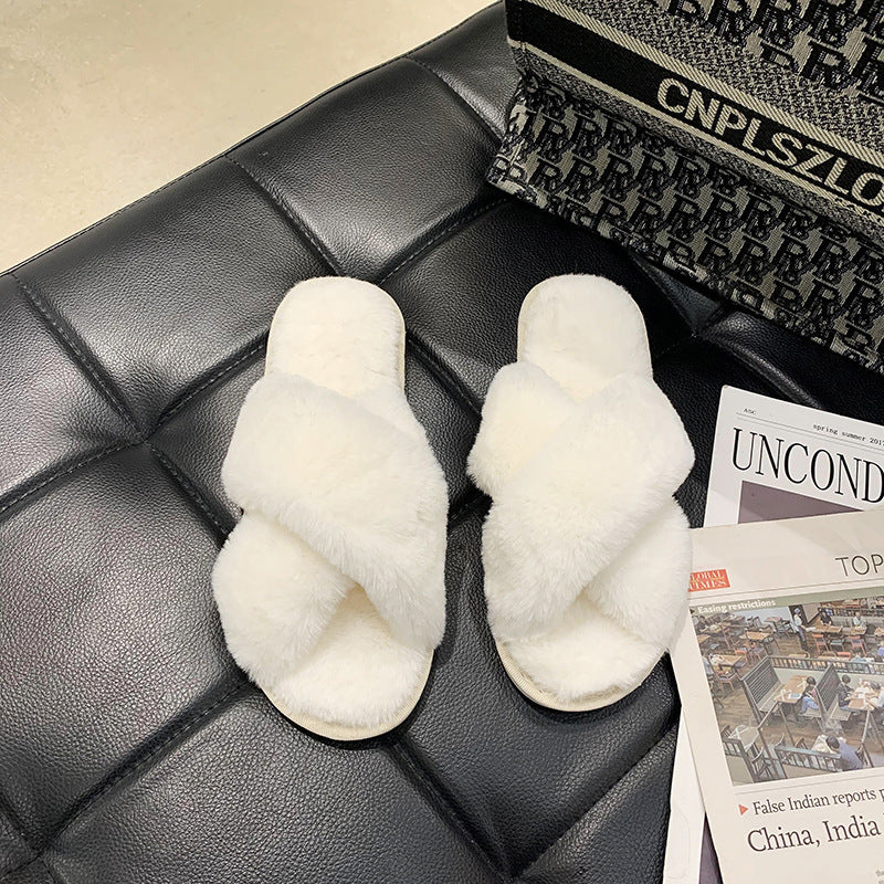 Hairy slippers with crossed rabbit fur and exposed toes eprolo