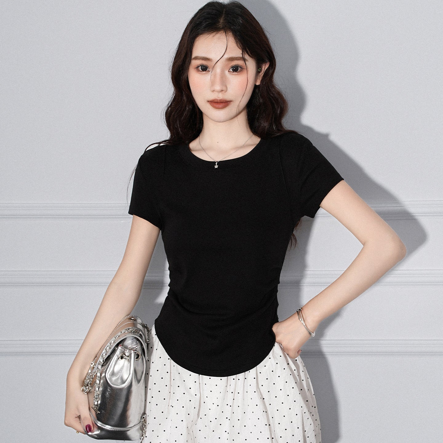 Round Neck Pleated Irregular Hem Short Sleeve T-Shirt for Women eprolo