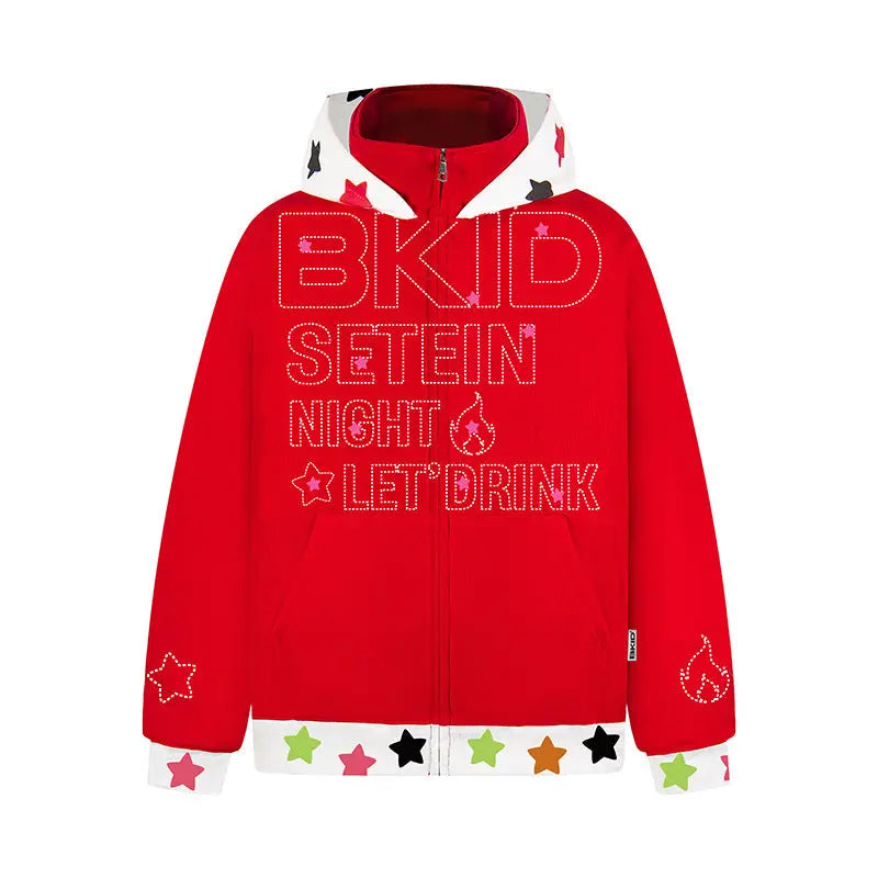 Patchwork Hooded Zip-Up Sweatshirt Loose Casual Outerwear Top eprolo