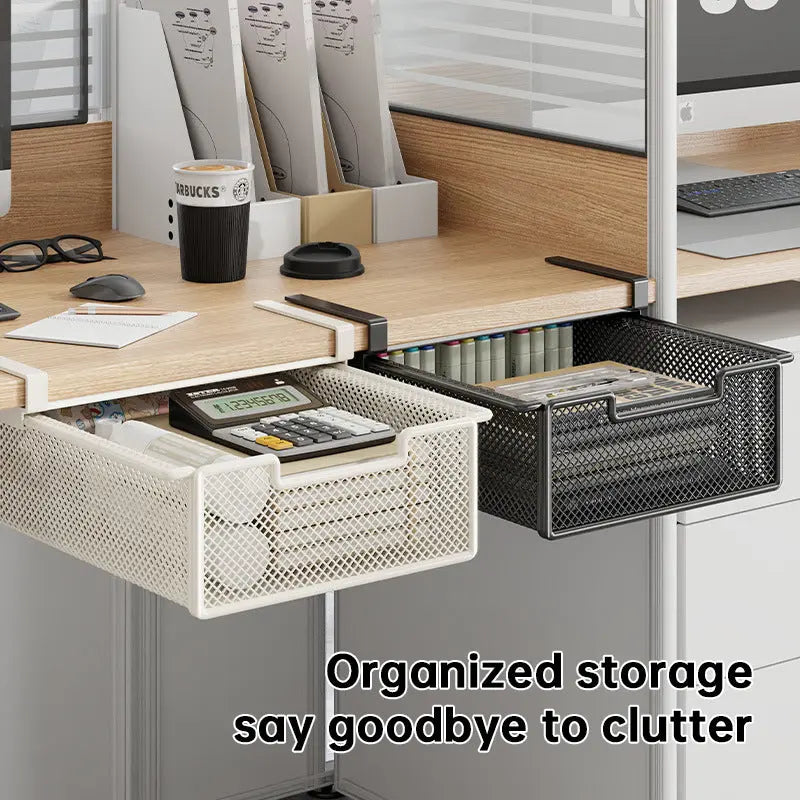 Desktop Drawer Organizer, Under-Desk Hanging Storage Box, Iron Mesh Office Supply, Long Rectangle Design, Chinese Style eprolo