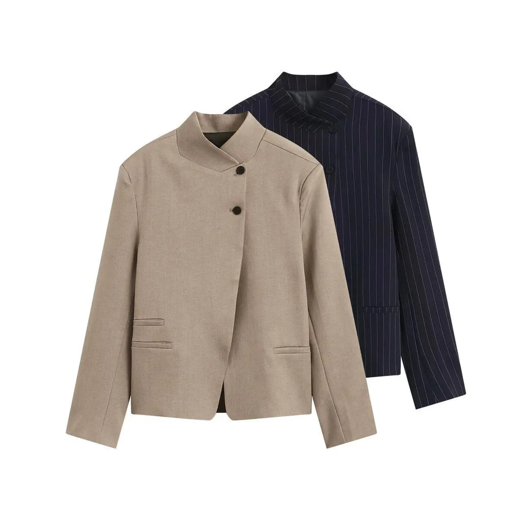 Chic Solid Color High Neck Suit Jacket for Women eprolo