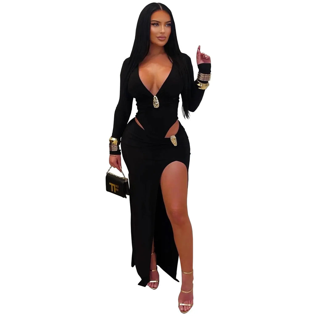 V-neck solid color long sleeved hip hugging dress eprolo