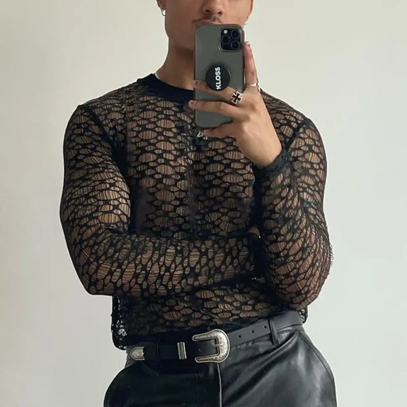 Casual Long Sleeve T-Shirt Men's Fashion Lace Hollow Out Slim Fit Semi-Transparent Black Top eprolo
