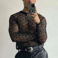 Casual Long Sleeve T-Shirt Men's Fashion Lace Hollow Out Slim Fit Semi-Transparent Black Top eprolo