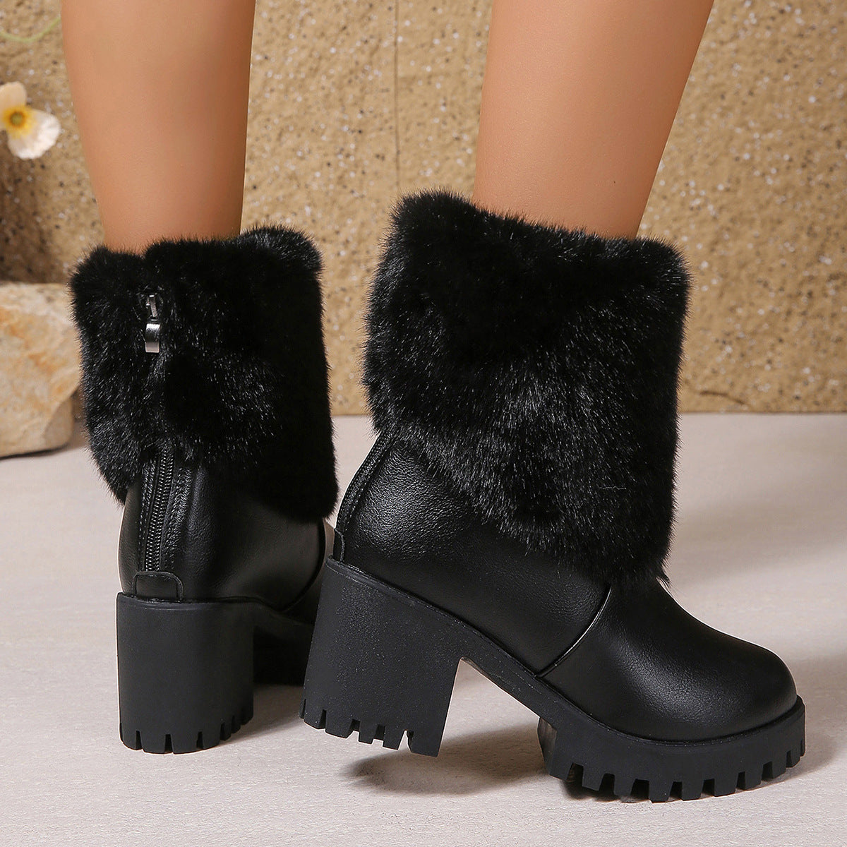 Fashion Winter Snow Boots Women's High Heel Short Boots with Thick Fleece Lining Warm Cotton Boots with Thick Chunky Heel Slip-Resistant Women's Boots eprolo