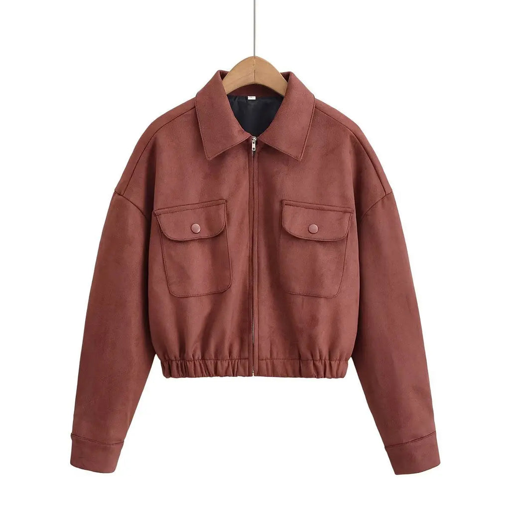 Flip collar pocket hem loose suede jacket eprolo