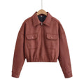 Flip collar pocket hem loose suede jacket eprolo