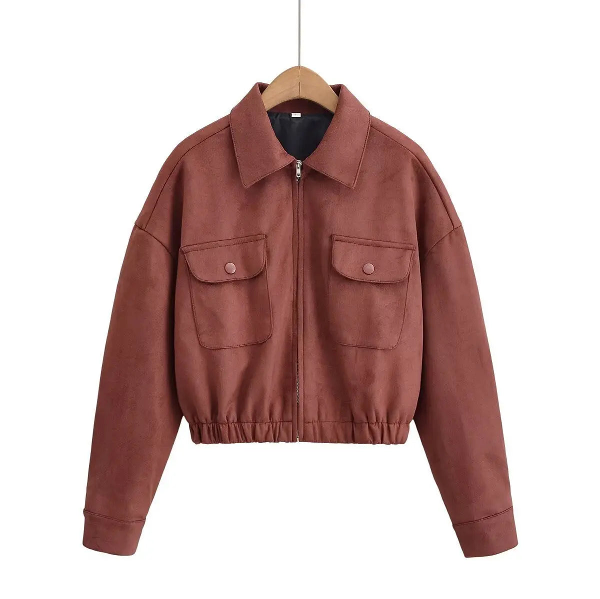Flip collar pocket hem loose suede jacket eprolo