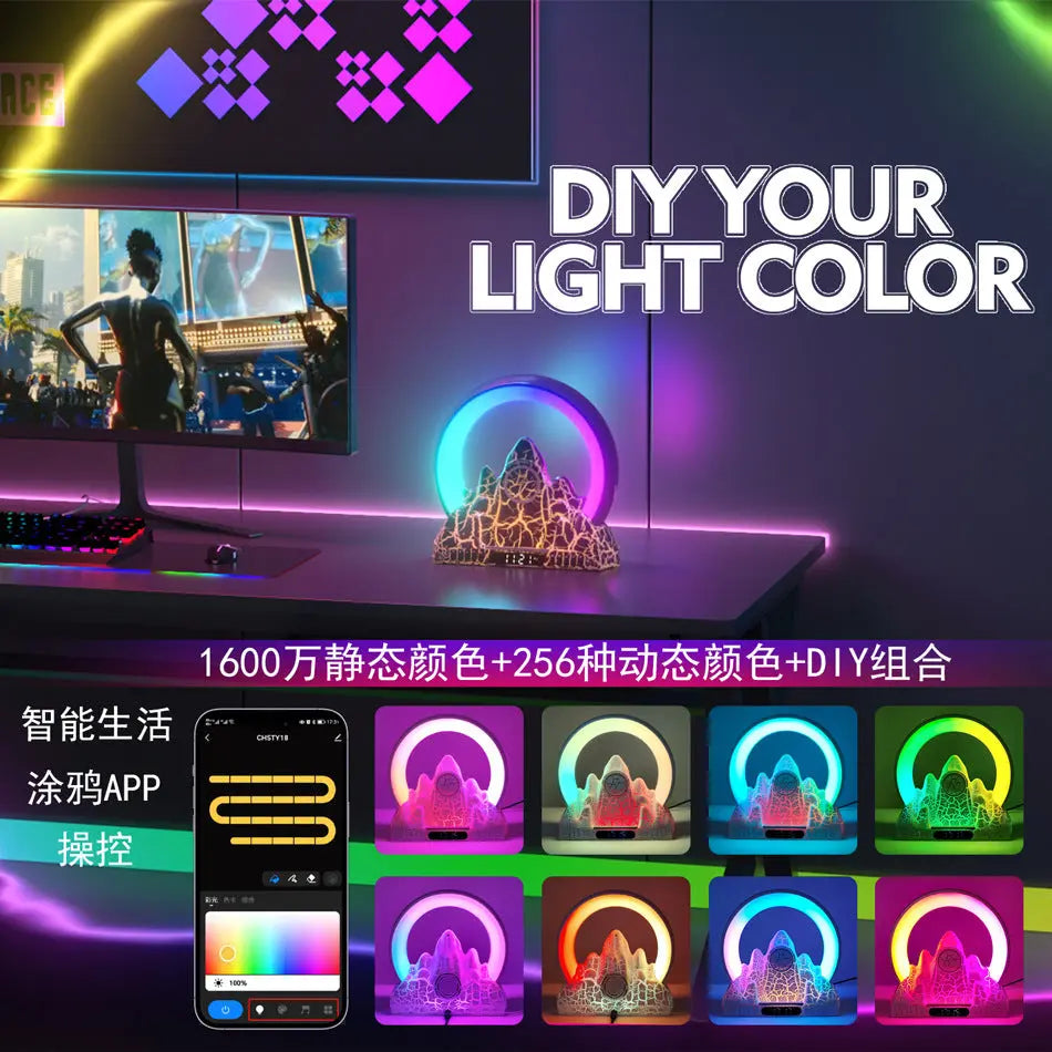 Smart Tuya APP Sunrise Flame Mountain Alarm Clock Night Lights 15W Wireless Charing BT Speaker White Noise LED Table Lamp eprolo