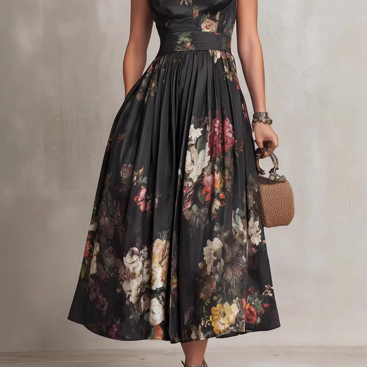 Sleeveless black digital printed long skirt eprolo