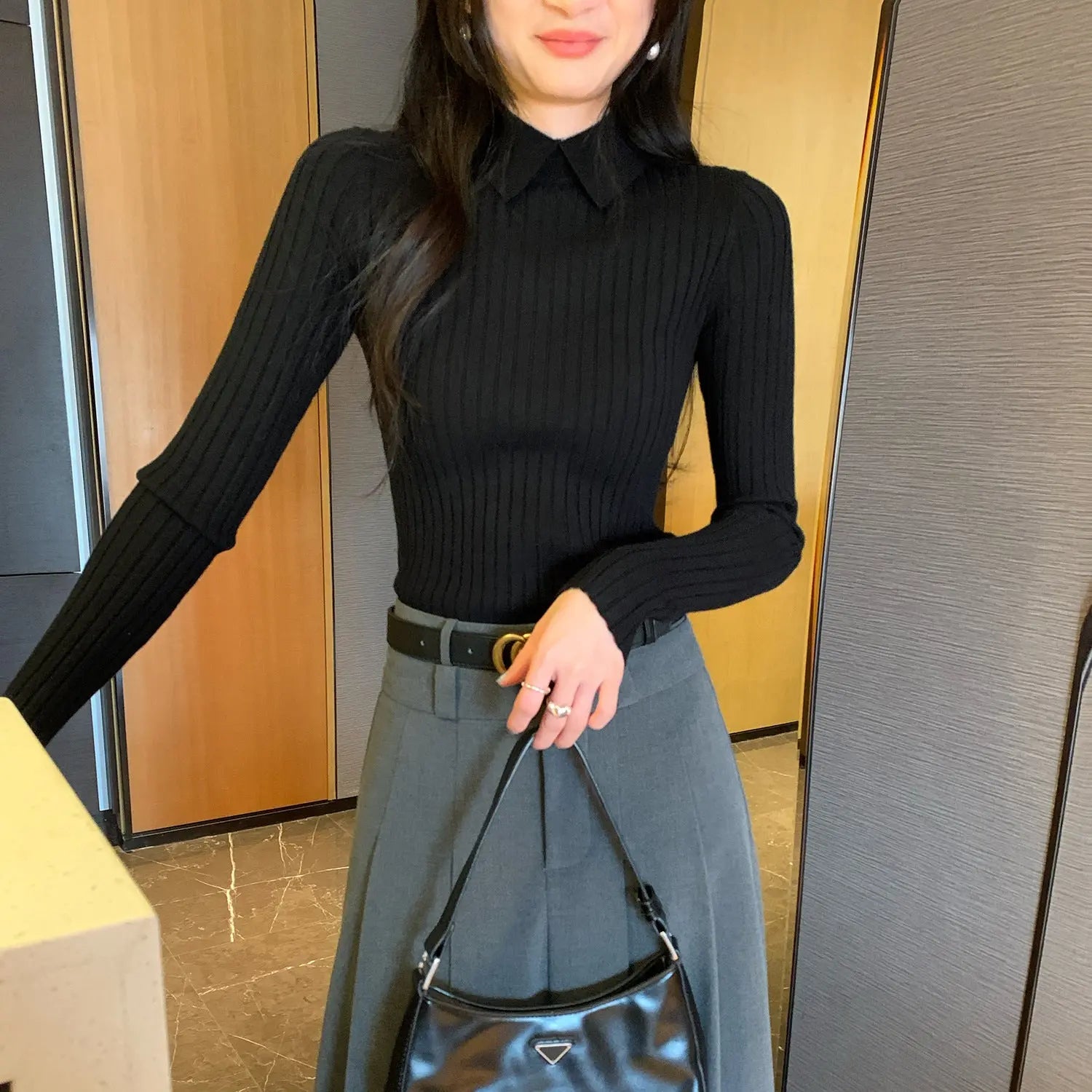 Pique Collar Slim Fit Inner Layer Apricot Knit Top for Women Polo Shirt Elegant Blouse eprolo