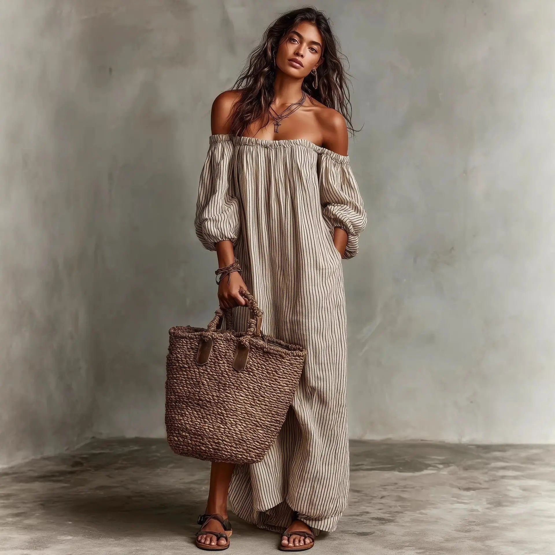 Shoulder revealing long sleeved dress with stripes eprolo
