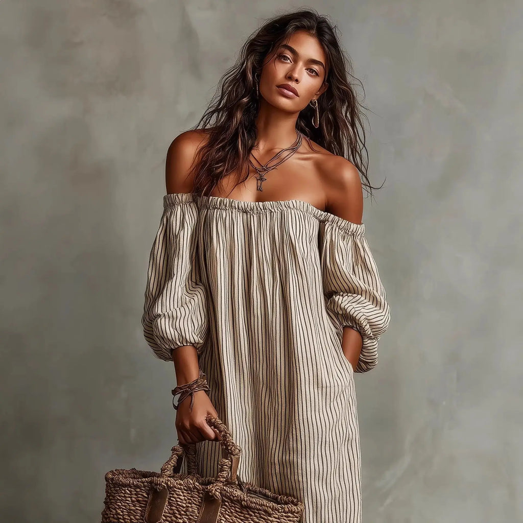 Shoulder revealing long sleeved dress with stripes eprolo