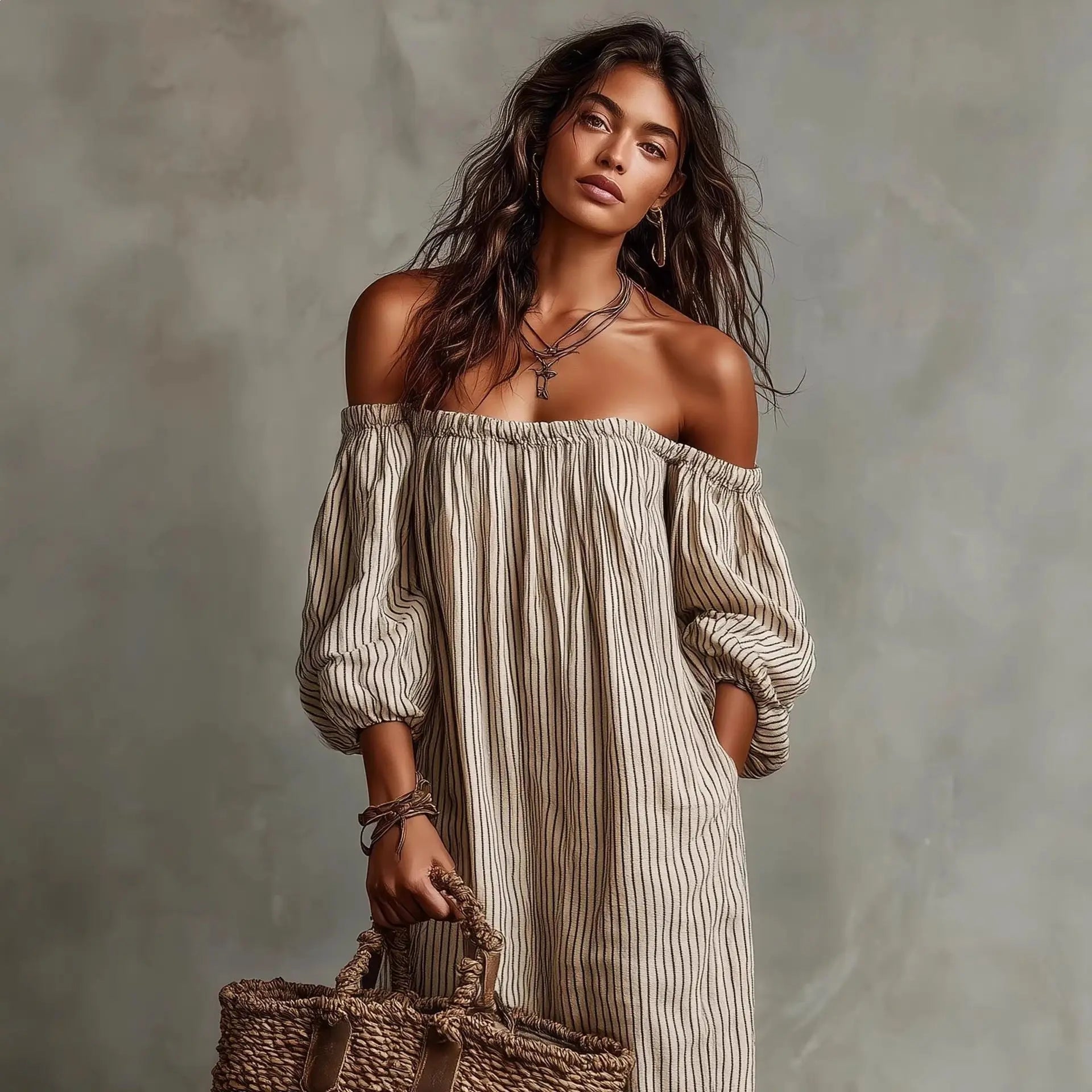 Shoulder revealing long sleeved dress with stripes eprolo