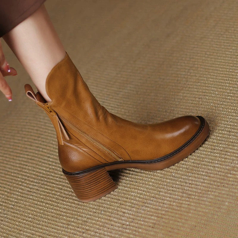 Round headed double zipper thick heel sponge bottom brown retro Martin boots for women eprolo