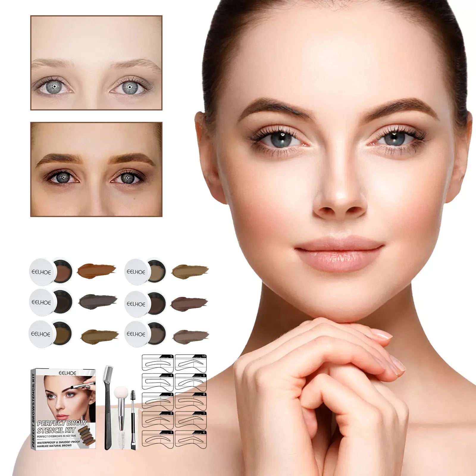 EELHOE Perfect Brow Stencil Kit, Waterproof Smooth Easy Color No Smudge No Makeup Natural Three-Dimensional Eyebrow Cream eprolo