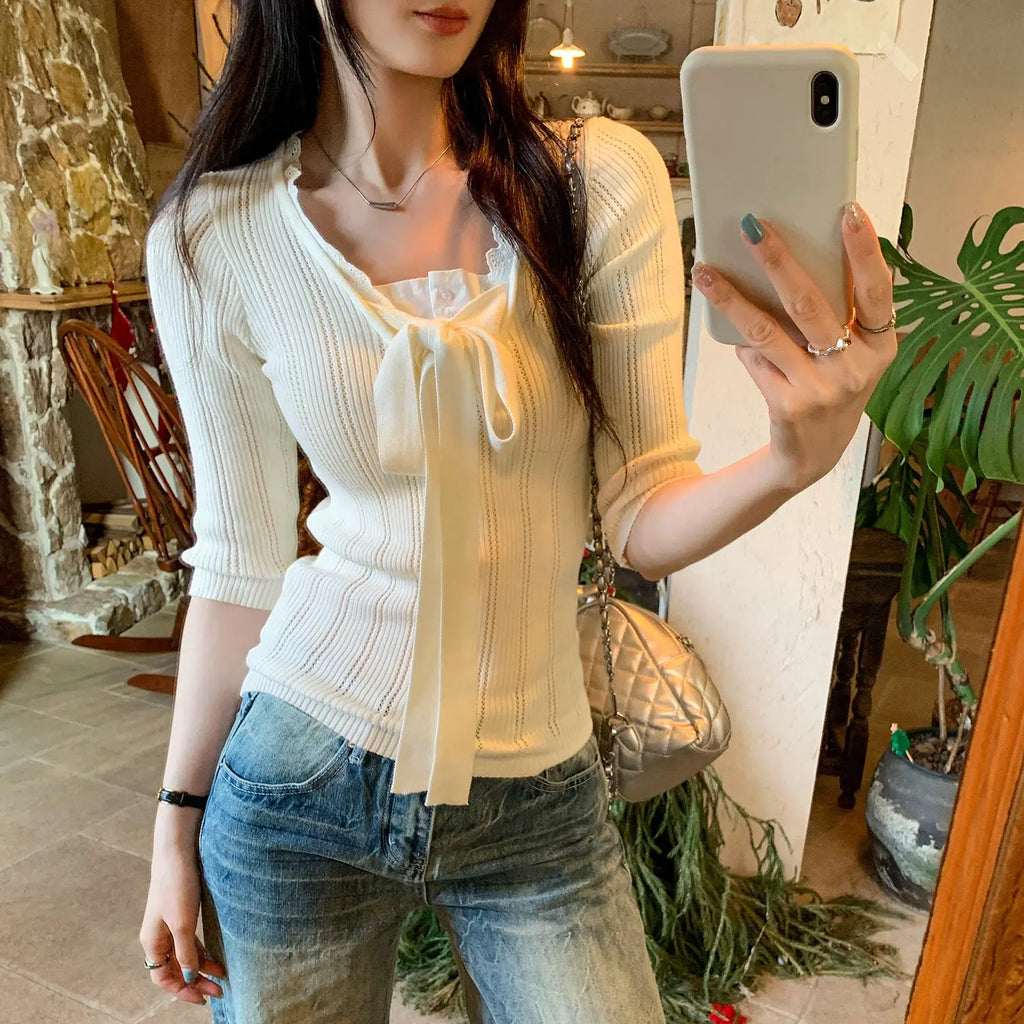 Lace Spliced Mock Two-Piece Knotted Knit Top for Women eprolo