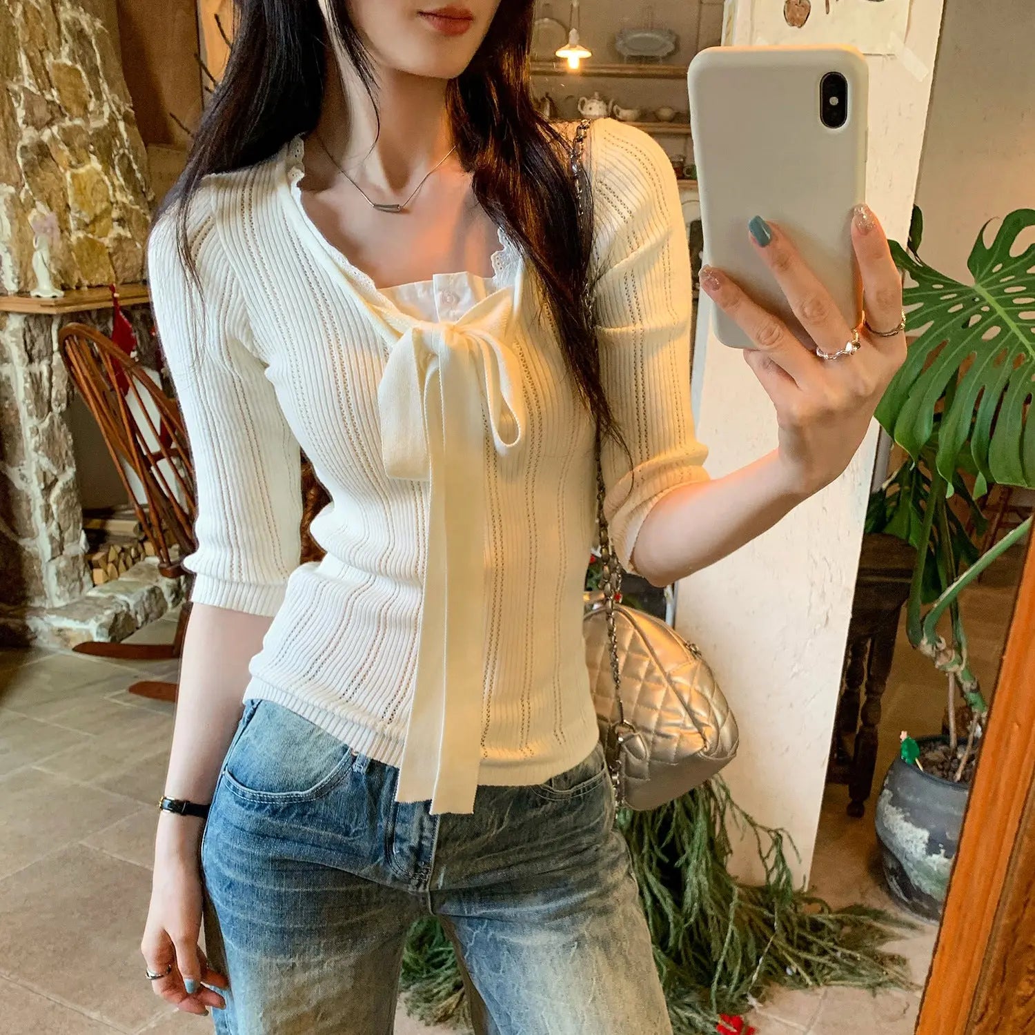 Lace Spliced Mock Two-Piece Knotted Knit Top for Women eprolo