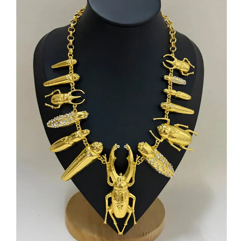 Heavy-Duty Exaggerated Hammered Texture Sparkling Rhinestone Insect Series Statement Choker Necklace eprolo