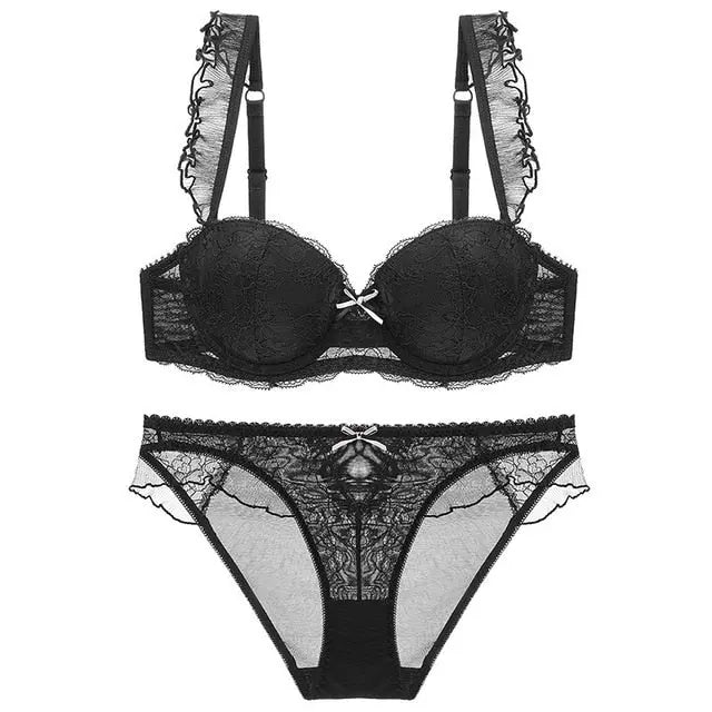 Breast Gather 3/4 Cup padding Bras Underwear women Straps Summer push-up bras with see-Through Panty Bra Set For Young Girls eprolo