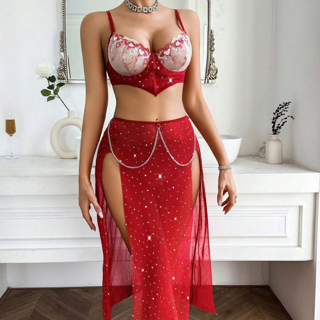 Embroidered Bra Split Red Three Piece Set Sexy Underwear for Women eprolo