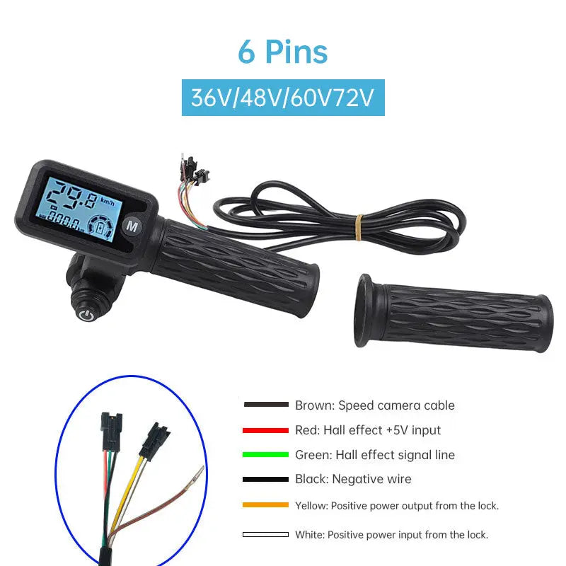 Electric Bike Throttle with LCD Speedometer & Voltmeter, 170cm Cable, Compatible 36/48/60/72V, Includes a Pair eprolo