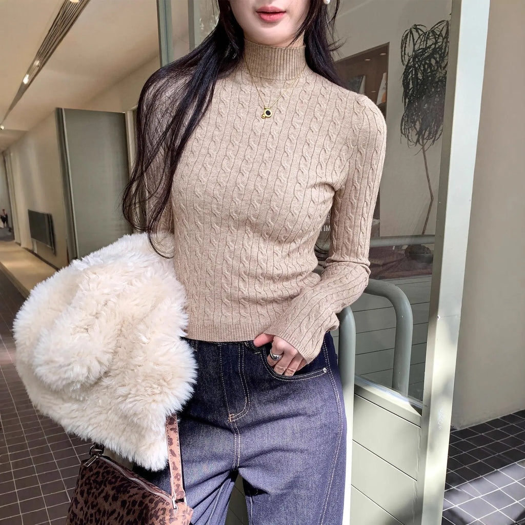 Chic Gray Cable Knit Crewneck Sweater Top for Women,  Slim Fit Short Length Underwear Shirt eprolo