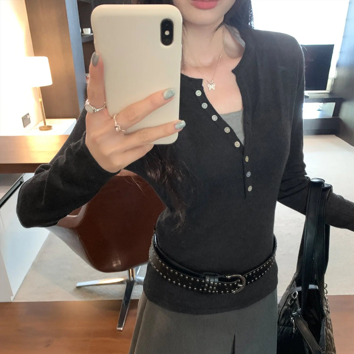 Henry Neck Long Sleeve Inner Layer Women's T-Shirt,  Slim Fit, Charming Half-Open Collar Top eprolo