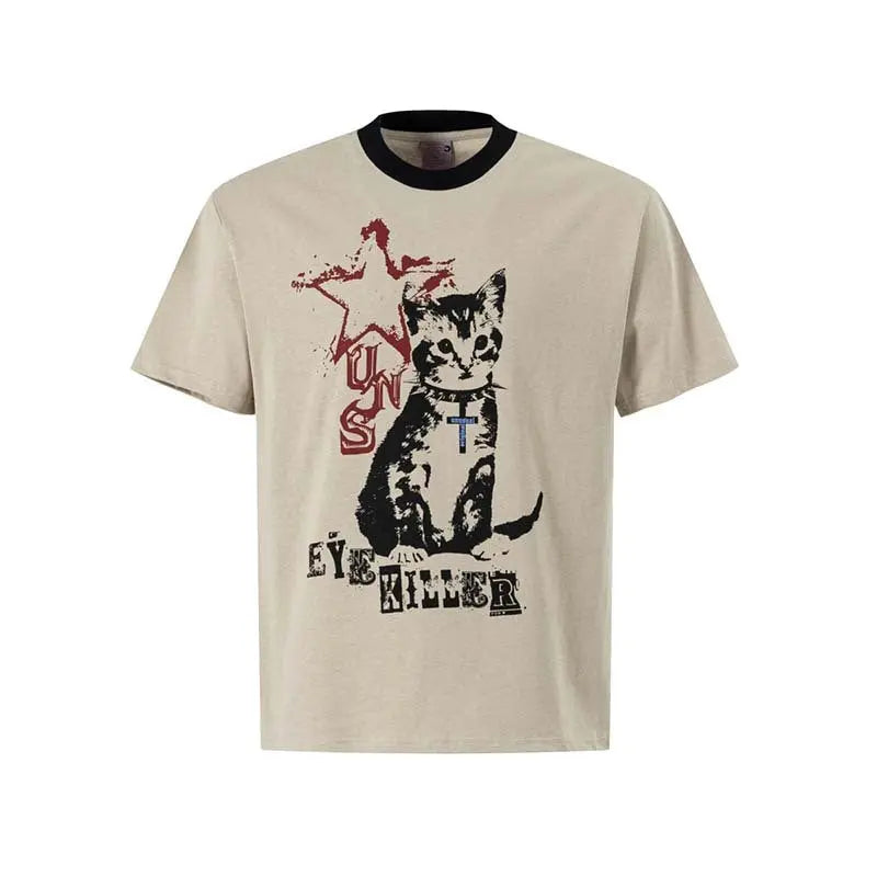 Cat print round neck short sleeved shirt eprolo