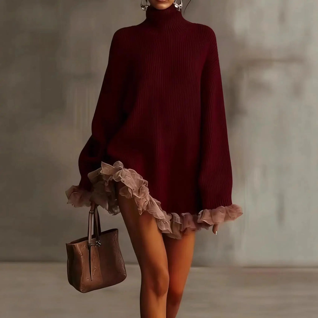 High neck knitted small groove strip with ruffle edge splicing long sleeve eprolo